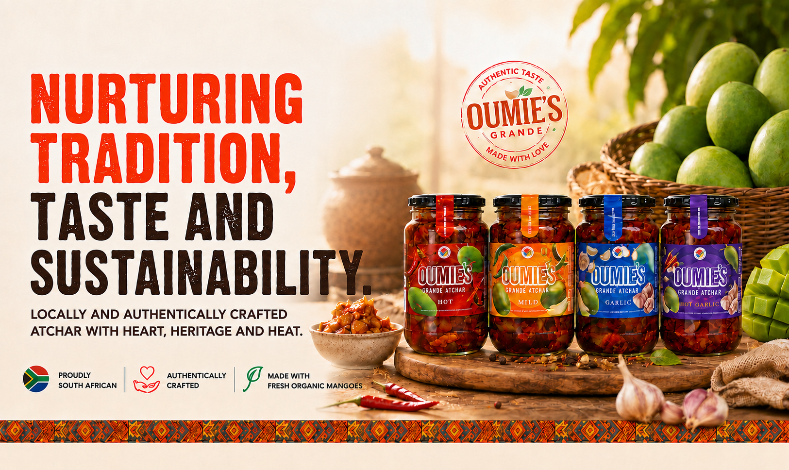 Oumie's Grande atchar banner featuring founder Muofhe Ratshikombo and the four flavours